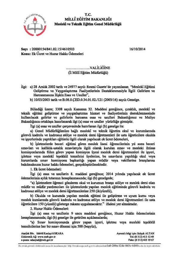 MEB'den Ek Ücret ve Huzur Hakkı Yazısı