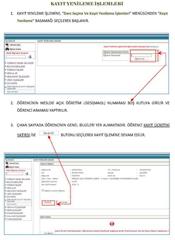 Mesleki Açık Öğretim Lisesi kayıt yenileme ücreti 25,00 TL