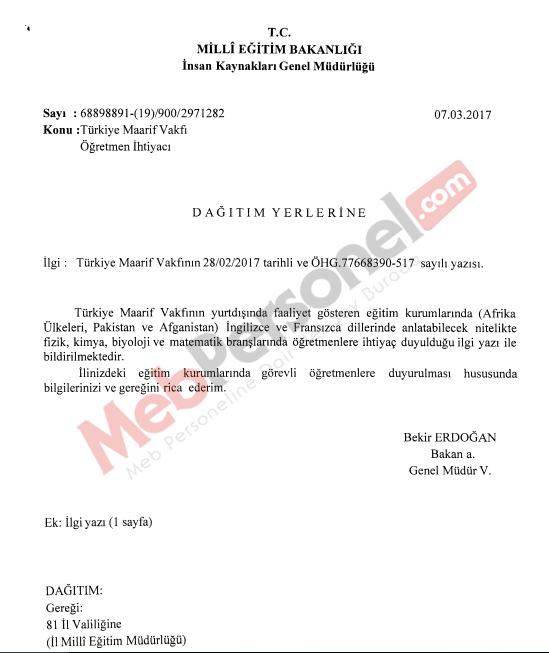 MEB'den ''Öğretmen İhtiyacı'' Yazısı