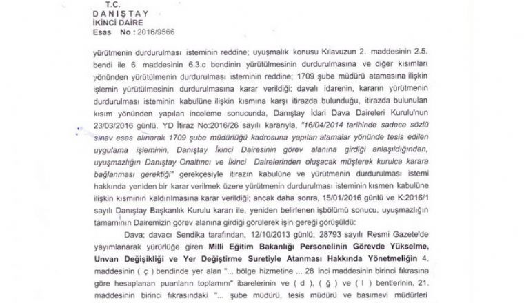 1709 Şube Müdürü Atamasına İlişkin Yürütmeyi Durdurma Kararı