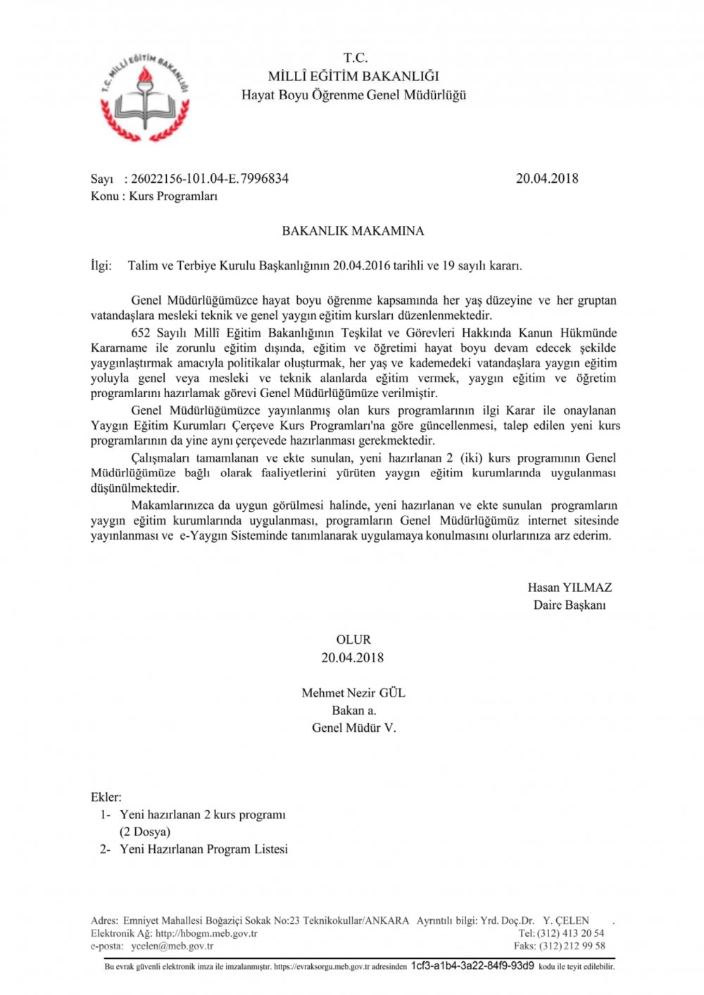 MEB'den ''Kurs Programları'' Yazısı