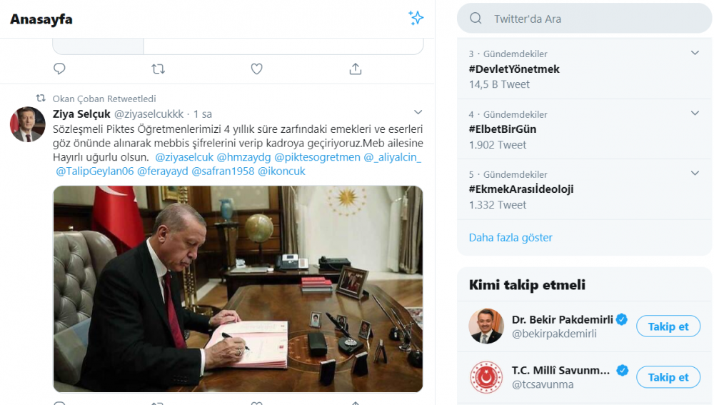 Bakan Ziya Selçuk'un fake hesabı "Piktes öğretmenlerine kadro geldi dedi" Bakan danışmanı rt yaptı.