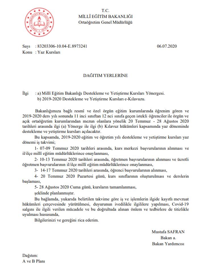 DYK Kurs Takvimi Resmi Yazısı