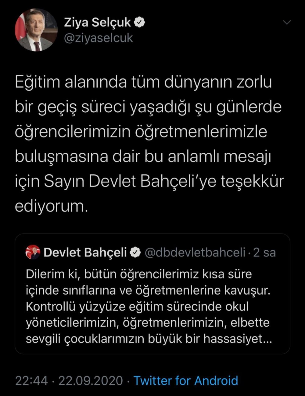 Bakan Ziya Selçuk'tan MHP Lideri Bahçeli'ye Teşekkür Mesajı