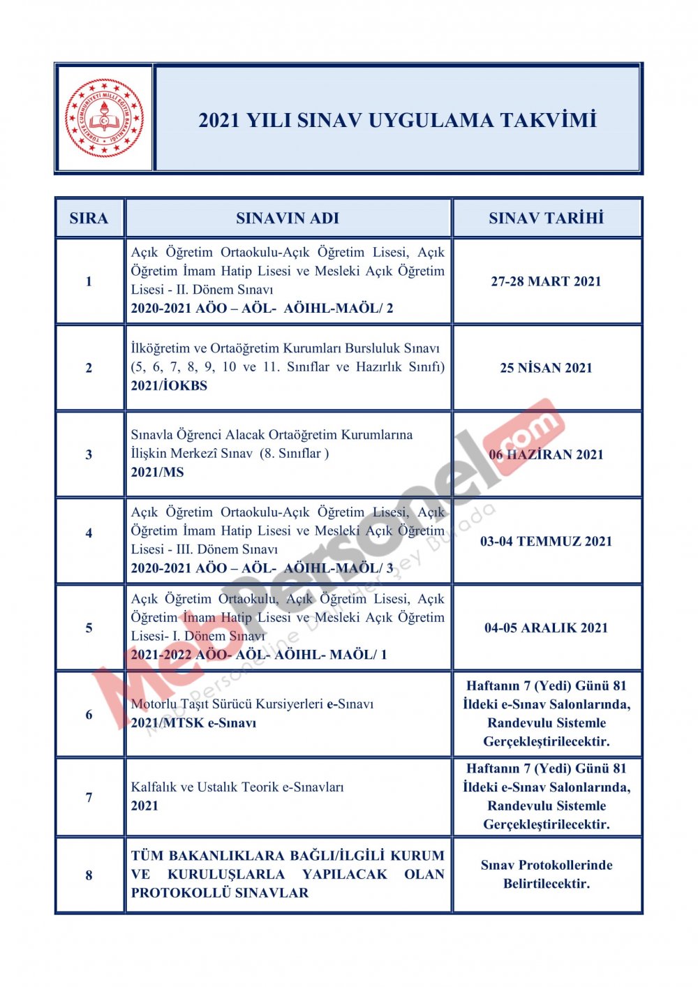 MEB 2021 YILI SINAV UYGULAMA TAKVİMİ AÇIKLANDI